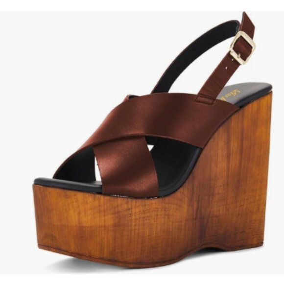 miss left Brown Crisscross Strap Open Toe Slingback Adjustable Buckle Sandals - Picture 1 of 8